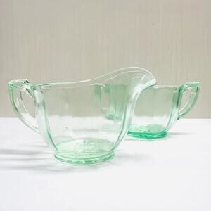 Vintage Creamer Sugar Set Green Depression Glass Glows UV Light